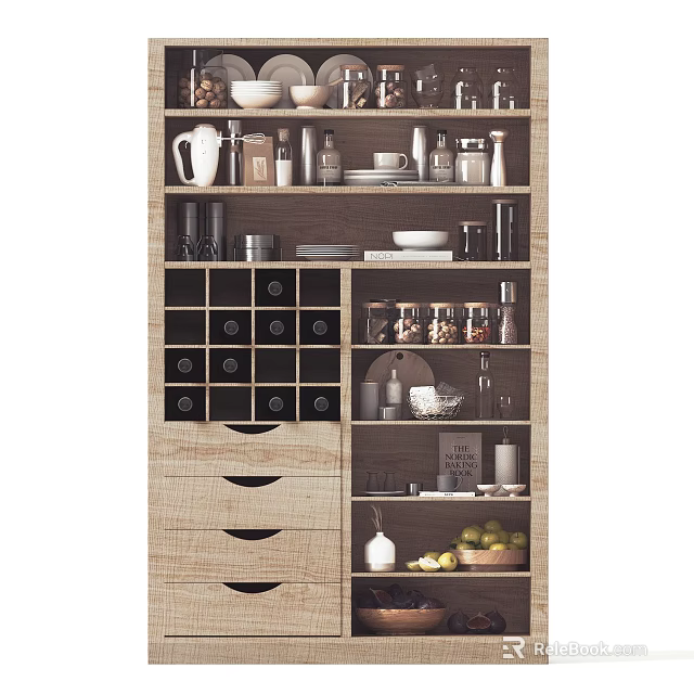 Organized Kitchen Storage Cabinet With Dinnerware Set Cups Bowls Jars And Fruit 3d model