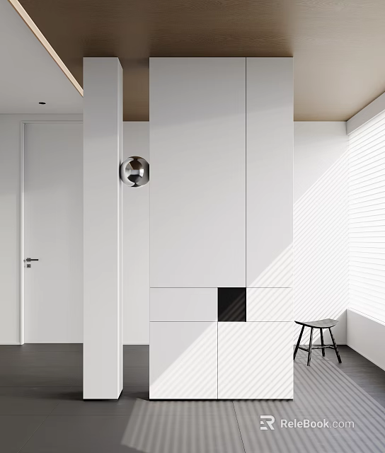 Modern Entryway Interior Design With White Cabinets Natural Light And Small Stool 3d model