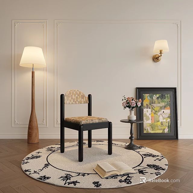 Elegant Dining Chair With Wicker Seat Black Frame Round Rug Floor Lamp And Wall Sconce 3d model 