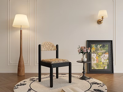 Elegant Dining Chair With Wicker Seat Black Frame Round Rug Floor Lamp And Wall Sconce 3d model