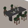 Modern Rectangular Gray Dining Table Set With Green Upholstered Chairs And Decorative Vase