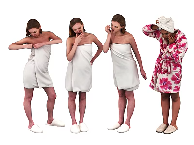 Women Wrapping White Towels And Wearing Pink Floral Robe In Different Poses 3d model