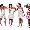 Women Wrapping White Towels And Wearing Pink Floral Robe In Different Poses