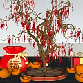 Festive Photo Check In Spot With Golden Tree Red Decorations Fortune Bag And Fireworks