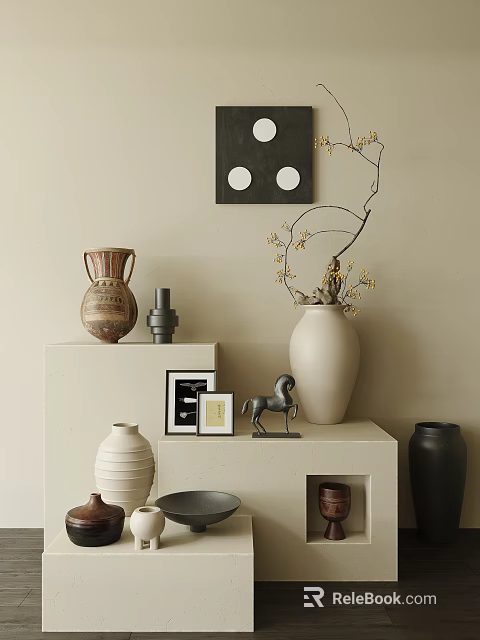 Stylish Ceramic Vessels on Shelf with Metallic Horse Figurine Photo Frames and Wall Decor 3d model 