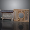 Traditional Chinese Architectural Elements With Circular Wooden Lattice And Tile Roof