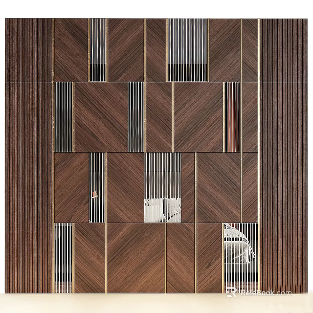 Modern Wooden Background Wall With Geometric Herringbone Pattern And Metal Glass Inlays 3d model 