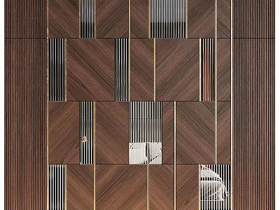 Modern Wooden Background Wall With Geometric Herringbone Pattern And Metal Glass Inlays 3d model
