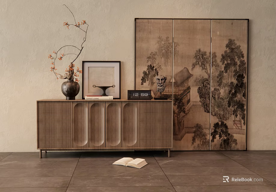 Chinese Modern Entryway Cabinet Sideboard With Rattan Panels Decorative Vase Photo Frame And Open Book 3d model 