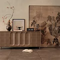 Chinese Modern Entryway Cabinet Sideboard With Rattan Panels Decorative Vase Photo Frame And Open Book