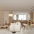 Modern Living and Dining Room Space With Beige Sofa Coffee Table And Decor Shelves
