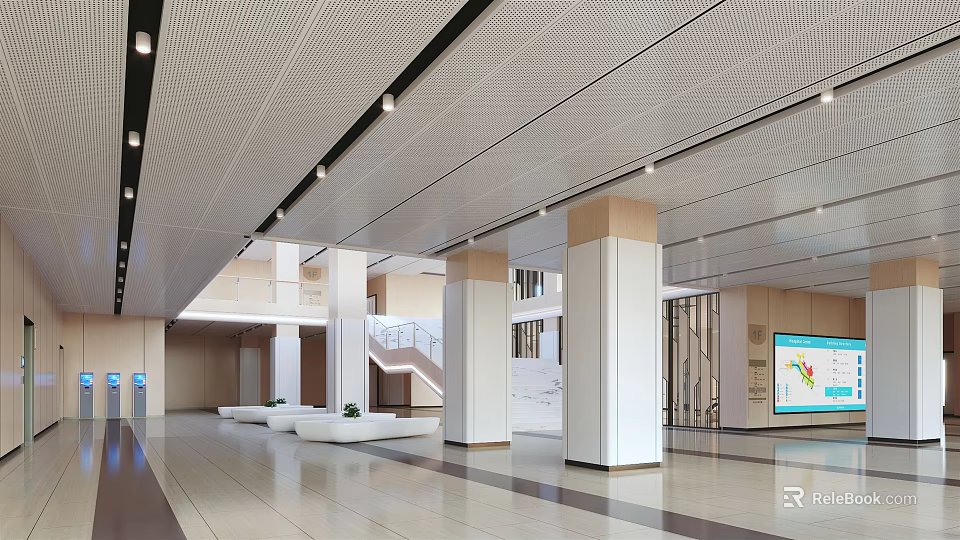 Modern Lobby Front Desk Reception Area With White Pillars Staircase And Display Screen 3d model 