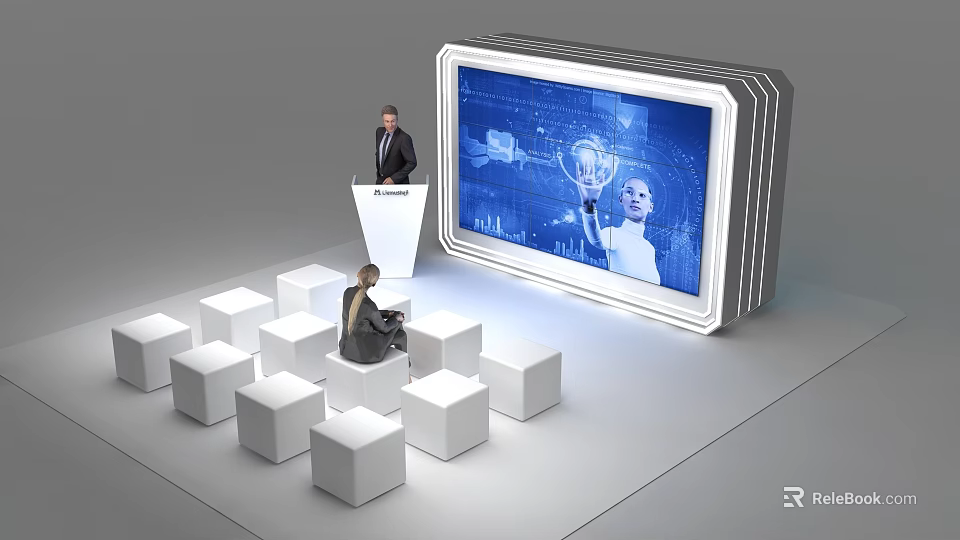 Speaker Giving Presentation With Large Digital Screen Showing Woman And Icons Near White Cube Seats 3d model 