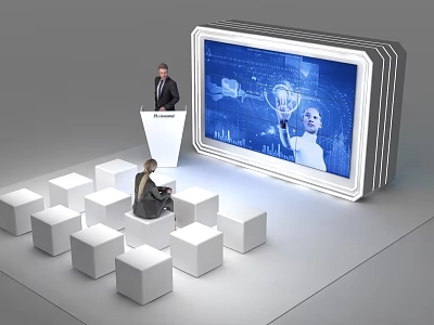 Speaker Giving Presentation With Large Digital Screen Showing Woman And Icons Near White Cube Seats 3d model