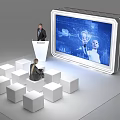 Speaker Giving Presentation With Large Digital Screen Showing Woman And Icons Near White Cube Seats