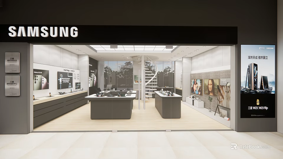 Bright Samsung Store Interior With Display Counters Various Electronics Product Displays And Open Layout 3d model 