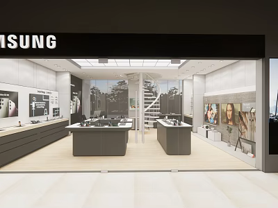 Bright Samsung Store Interior With Display Counters Various Electronics Product Displays And Open Layout 3d model