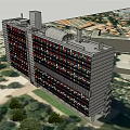 Modern Modular High Rise Building With Colorful Facade Chimneys And Surrounding Trees