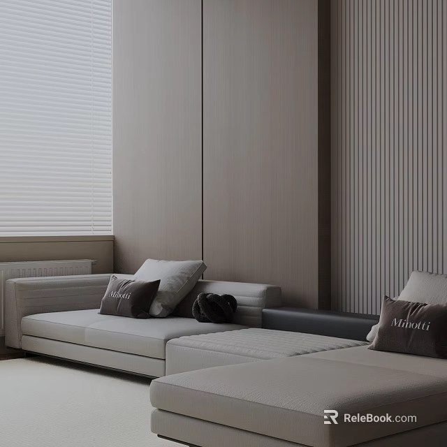 Modern Light Colored Three Seater Sofa With Cushions Wooden Wall And Window Blinds 3d model 