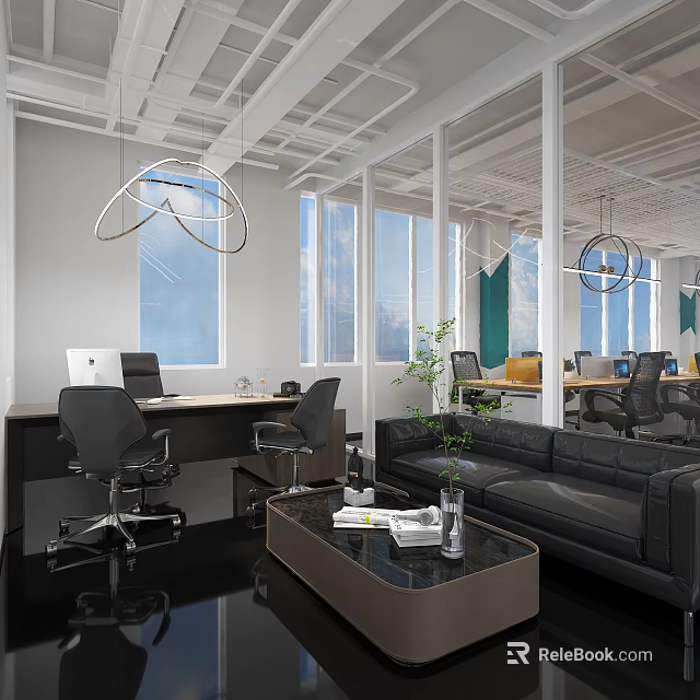 Modern Office Interior Design With Open Layout Large Windows Black Sofa And Hanging Lights 3d model