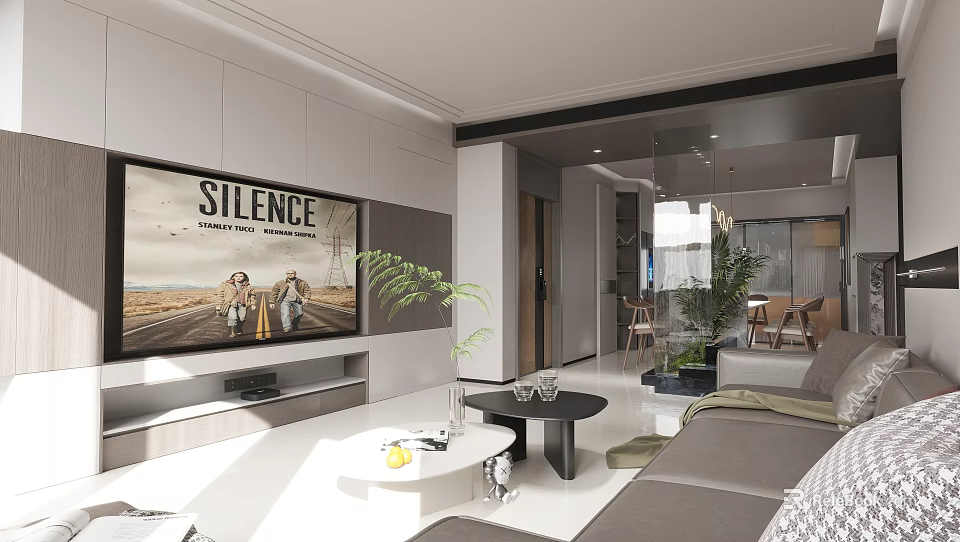 Modern Living Dining Room Interior With TV Stand Sofa Coffee Table Plants And Dining Area 3d model 