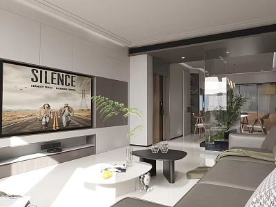 Modern Living Dining Room Interior With TV Stand Sofa Coffee Table Plants And Dining Area 3d model