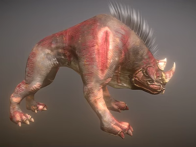 Mythical Beast Character with Red Gray Skin Spiked Back Mane and Horned Head 3d model