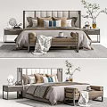 Elegant Double Bed With Decorative Pillows Bench And Bedside Tables With Lamp 3d model