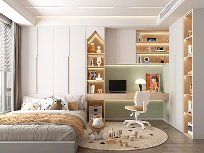 Tatami Bedroom Interior with Tatami Bed Desk Chair Bookshelves Toys Pillows and Natural Light 3d model