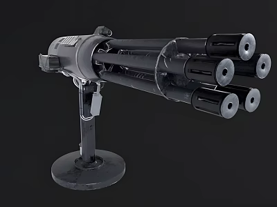Black Military Gatling Gun With Multiple Rotating Barrels And Mounted Stand 3d model
