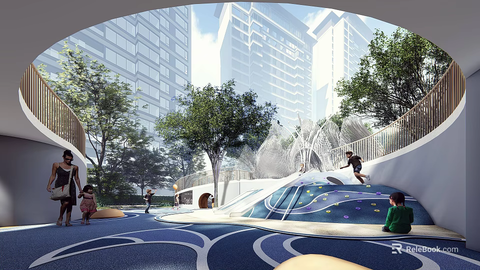 Outdoor Kids Play Area With Slide Water Features Trees And Modern Buildings For Children 3d model 