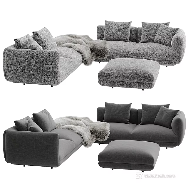 Multi Seater Sofa Gray with Plush Pillows Soft Throw Blanket and Matching Ottoman 3d model 