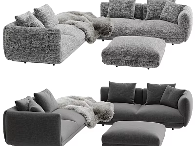 Multi Seater Sofa Gray with Plush Pillows Soft Throw Blanket and Matching Ottoman 3d model