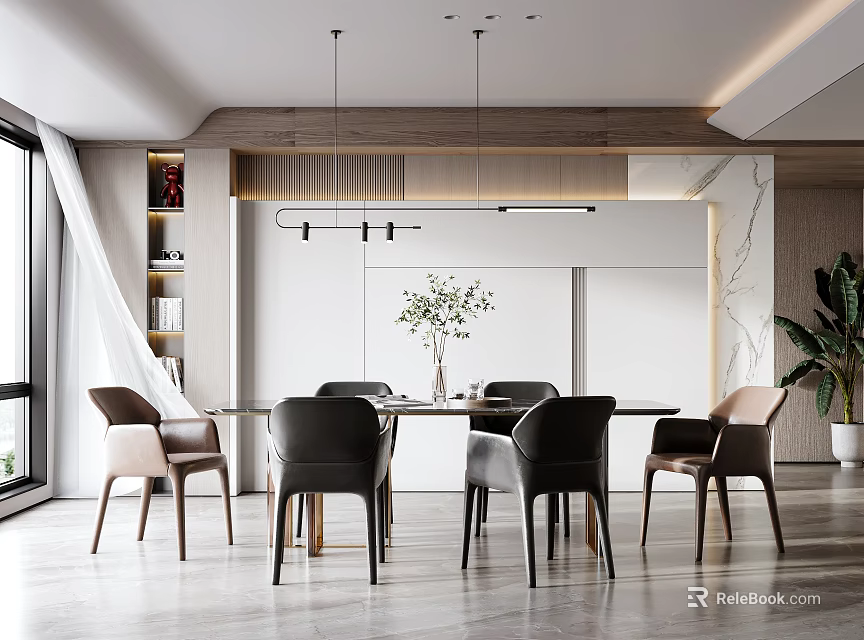 Modern Restaurant Interior Design With Dining Table Velvet Chairs Hanging Lights And Potted Plants 3d model 