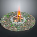 Outdoor Bonfire with Burning Wood Logs and Stone Circle Surrounded by Grass and Fallen Leaves