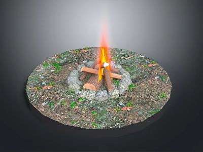 Outdoor Bonfire with Burning Wood Logs and Stone Circle Surrounded by Grass and Fallen Leaves 3d model