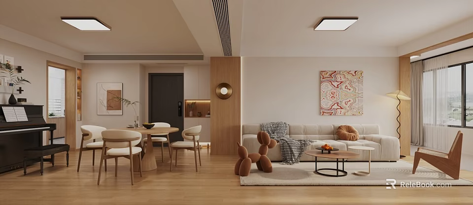 Warm Cozy Integrated Living And Dining Room With Natural Wood Home Interior Furnishing Design 3d model 