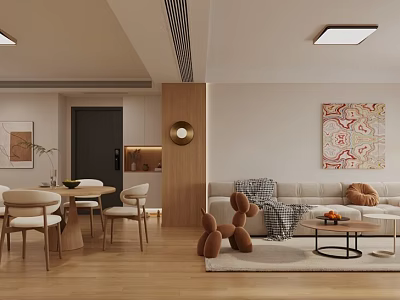 Warm Cozy Integrated Living And Dining Room With Natural Wood Home Interior Furnishing Design 3d model