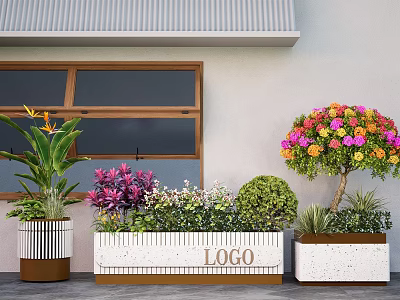 Outdoor Plant Combination Featuring Planter Boxes Colorful Flowering Tree Purple Leaf Plants Green Shrubs Herbs 3d model