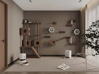 Indoor Cat Activity Space With Wall Mounted Shelves Houses Scratching Post And Plant 3d model
