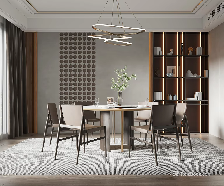 Modern Dining Table Set With Upholstered Chairs Chandelier Patterned Wall And Decorative Shelves 3d model