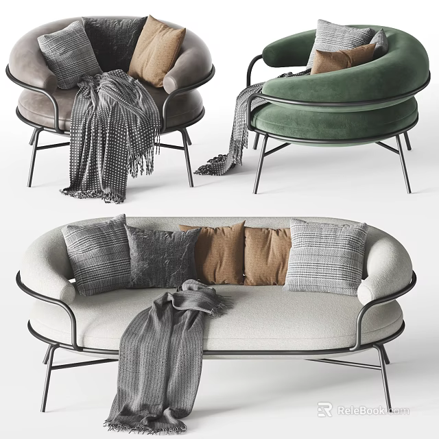 Modern Sofa Set With Decorative Pillows Throw Blanket And Green Brown Accent Chairs 3d model 