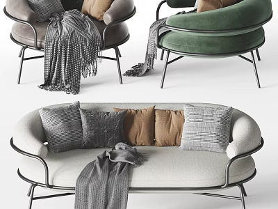 Modern Sofa Set With Decorative Pillows Throw Blanket And Green Brown Accent Chairs 3d model