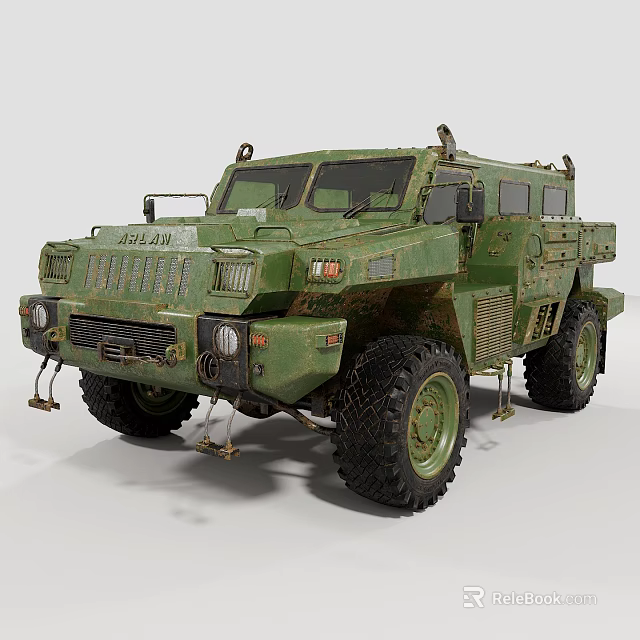 Military Green Armored Utility Vehicle With Large Tires Multiple Headlights And Off Road Gear 3d model 