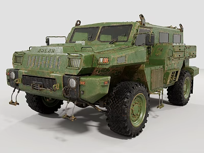 Military Green Armored Utility Vehicle With Large Tires Multiple Headlights And Off Road Gear 3d model