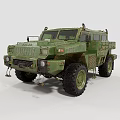 Military Green Armored Utility Vehicle With Large Tires Multiple Headlights And Off Road Gear