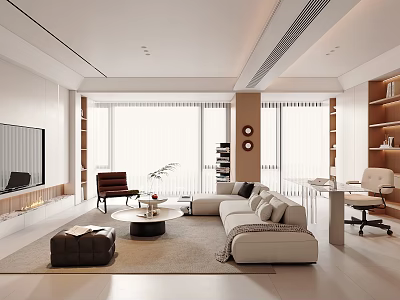 Modern Living Room Interior With Beige Sofa Coffee Table Large Windows Wall TV And Bookshelves 3d model