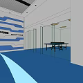 Modern Elevator Hallway With Glass Partitions And Blue White Striped Walls