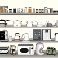 Kitchen With Various Appliances Neatly Arranged On Multi Tiered Shelves And Containers