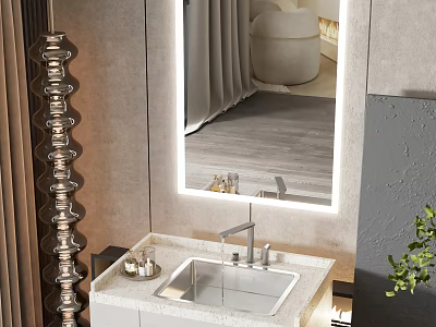 Modern Bathroom Vanity Sink With Illuminated Mirror Marble Countertop And Faucet 3d model